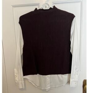 Ann Taylor Women's S P Layered Academia Brown Sweater Vest Long Button Up White